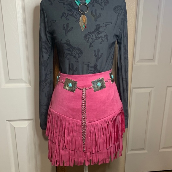 WESTERN Pink Skirt Fringe Faux Suede Leather Mini Boho Style - Picture 4 of 7